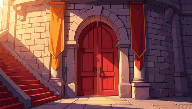 Red Wooden Door with Stone Archway and Banners in Medieval Castle Entrance