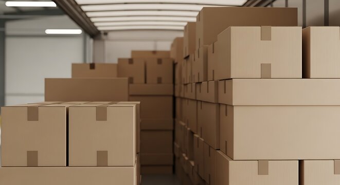 Interior of a delivery truck or warehouse packed with cardboard boxes for shipping