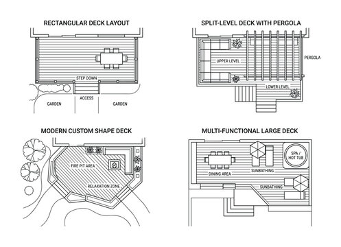 Custom deck plans with furniture dining areas and pergolas