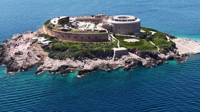 Aerial View of Mamula Island, Montenegro, Former Sea Fortress Now Luxury Resort, Drone Shot