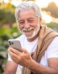 Obraz premium A smiling senior man in a white t-shirt looking at his phone