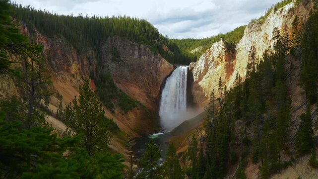 Inspiration Point Grand Canyon of the Yellowstone cascading waterfalls Red Rock Point Lookout Point Yellowstone National Park Wyoming USA nature landscape sunny morning Brink of Lower Falls zoom in