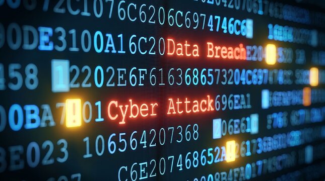 Imminent digital threat Code display shows critical data breach and evolving cyberattack warning