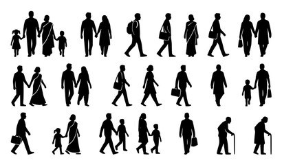 Modern Indian crowd silhouette vector collection with walking families individuals and urban people icons © Md