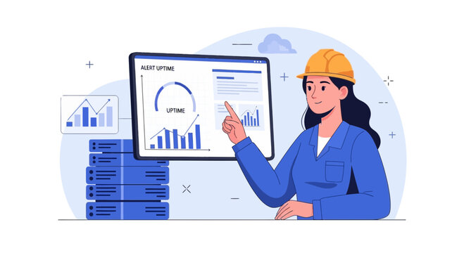 Data analysis worker with server racks and uptime monitor screen