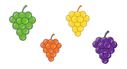 Four colorful cartoon grape clusters in green, orange, yellow, and purple with leaves. © SALEHA STOCK