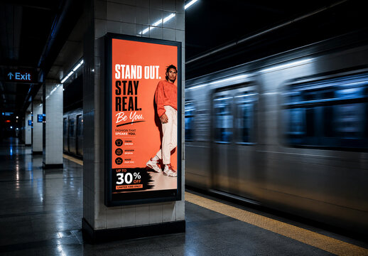 Modern Subway Billboard Mockup with Fashion Advertising Poster