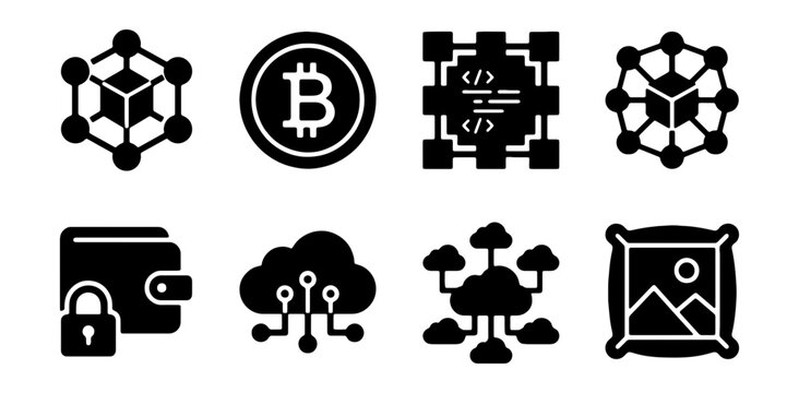 Digital Technology Icons: Blockchain, Bitcoin, Cloud, Code, Wallet, Network