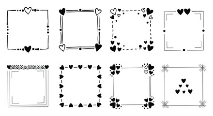 Hand drawn sketchy square heart frames set. black outline borders, romantic geometric boxes, decorative tiny hearts. for valentine greeting cards, wedding invitations. flat vector graphic. © MH HASIB