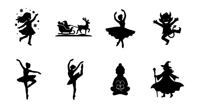 Silhouette Icons: Ballet Dancers, Witch, Devil, Santa Sleigh, Buddha, Girl