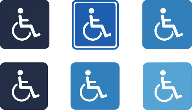 Handicap accessibility wheelchair sign icon set in shades of blue square symbols for public navigation and disabled parking