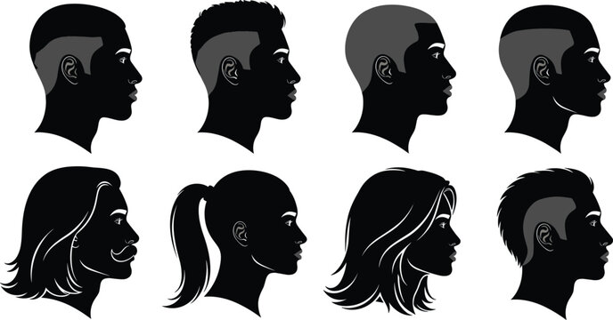 Men and women profile silhouettes vector icon set with different stylish hairstyles haircuts and undercuts isolated on white