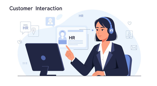 HR professional using computer for customer interaction and recruitment