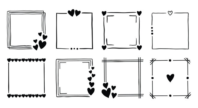 Hand drawn sketchy square heart frames set. black outline borders, romantic geometric boxes, tiny decorative hearts. for valentine greeting cards, wedding invitations. flat stock vector eps.