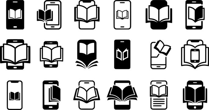 Mobile EBook Reader Icon Set in Black and White for Digital Library, Online Learning, Smartphone Reading and Education App Design