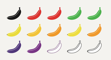 Nine stylized bananas in black, red, green, yellow, and purple arranged in three rows. © SALEHA STOCK