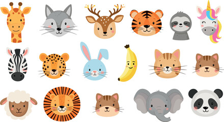 Fototapeta premium Cute Cartoon Animal Faces Collection with Giraffe Tiger Lion Panda Elephant and Adorable Wildlife Characters
