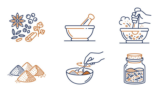 Spices mortar pestle and jars vector collection outline style