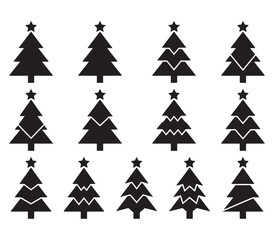 Obraz premium Black Christmas tree icons on white background, Various shapes and designs, Festive holiday symbols