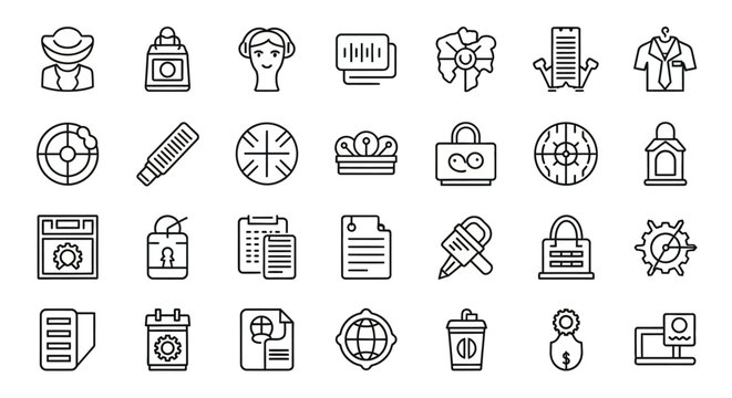 Set of black and white icons representing office supplies, security, and productivity tools in a flat design style.