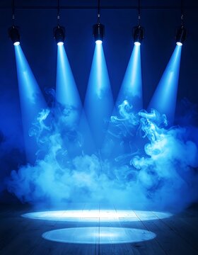 A stage with blue spotlights and smoke