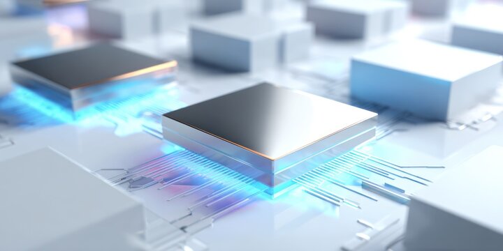 Abstract illustration of computer processors glowing with technological lines and blue light
