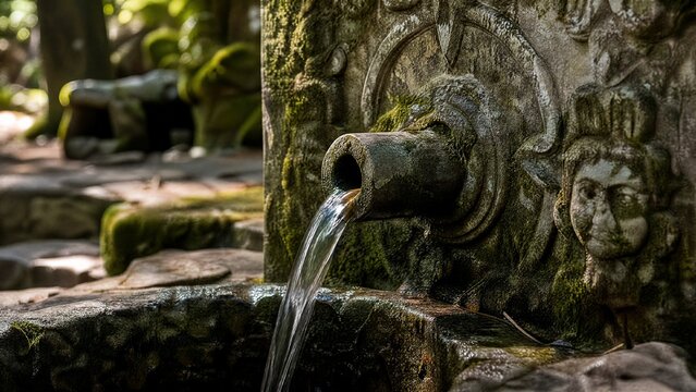 wellhead. Close-up of an ancient mossy stone wellhead with water flowing into a basin. real-estate listings.