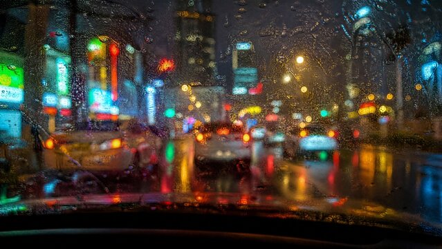 windshield. Nighttime cityscape viewed through a rain-streaked windshield, neon lights blending with street reflections. travel magazines.