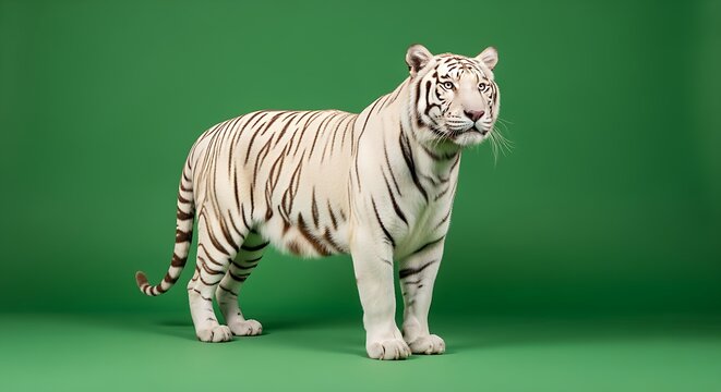A white tiger standing on a green background looking to the right with black stripes and whiskers