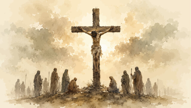 A solemn digital watercolor painting of Jesus dying on the cross featuring the crucifixion scene, gathered mourners, and a sacred biblical atmosphere illustrated in a reverent devotional style.
