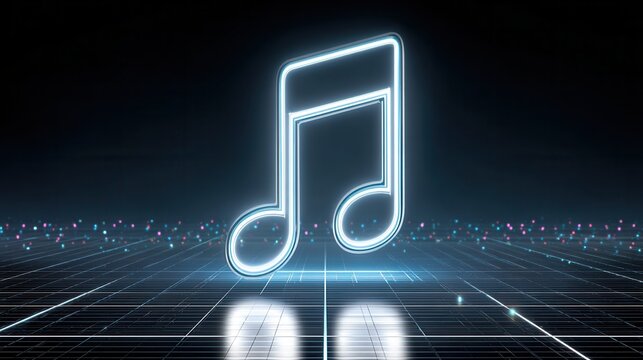 Glowing neon music note icon on futuristic digital grid background sound audio technology concept