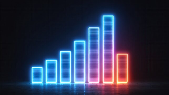 Neon glowing bar chart with decline at end on dark background showing data analytics trend shift now