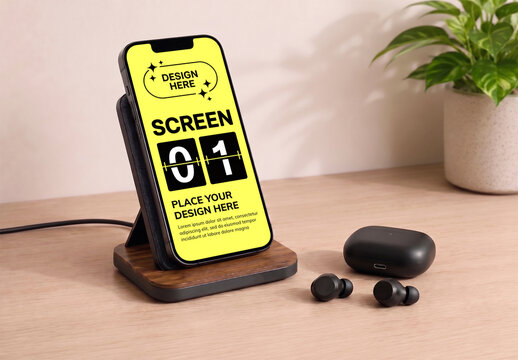 Realistic Smartphone Mockup on Wireless Charger
