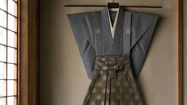 kamishimo. A formal Japanese kamishimo garment hanging on a hanger. event programs, museum guides, designed for cultural heritage projects and event programs.