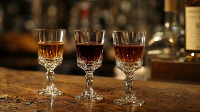 digestif. Small crystal glasses with amber liqueurs on a rustic wooden bar counter. bar promotions, beverage menus, designed for food & beverage menus and cafe branding, elevates brand perception.