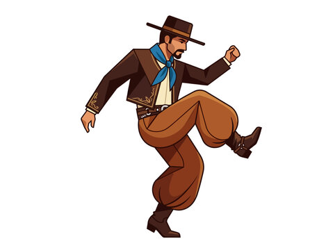 Argentine Gaucho Performing Traditional Malambo Dance Illustration - Folkloric South American Cowboy Character in Zapateo Pose