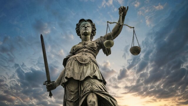morality. A classical justice statue stands tall with balanced scales under a dramatic sky. event programs, museum guides, designed for cultural heritage projects and event programs.