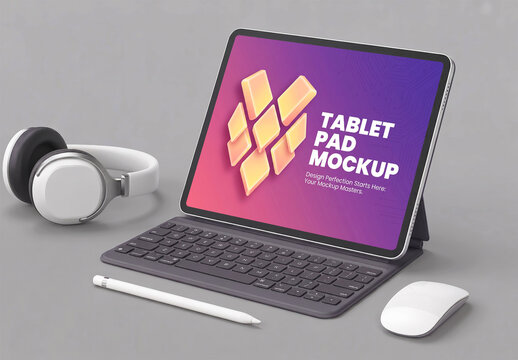 Realistic Tablet Pad Mockup with Keyboard