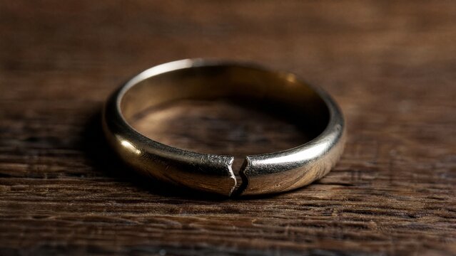 toroidal. A broken wedding ring lies on wood with a visible crack and side lighting. wellbeing guides, coaching materials, designed for coaching and self-improvement content, used by videographers.