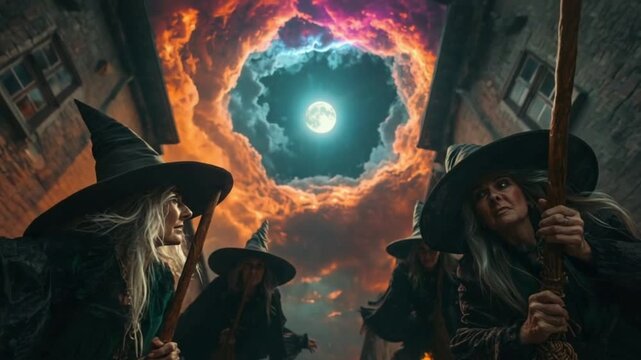 Low angle view of mysterious witches under dramatic full moon
