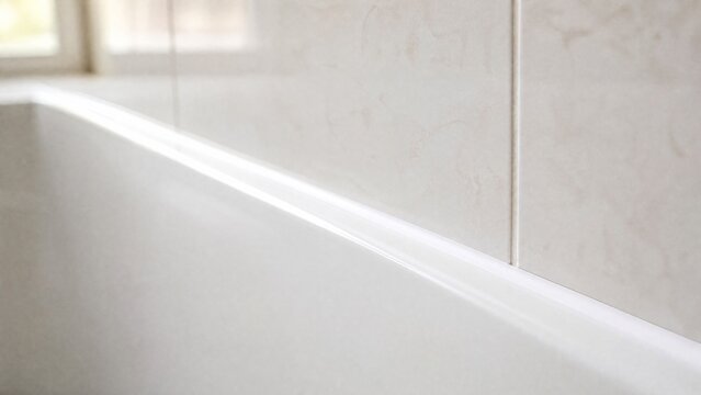 caulk. A close-up of a smooth white caulk sealant bead at a bathtub and tile junction. real-estate listings, architecture portfolios, designed for interior renovation comparisons for interiors.