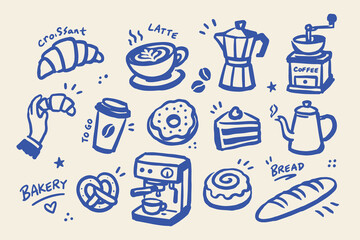 Fototapeta na wymiar Coffee and Bakery Doodle Icon Set Sketch Vector