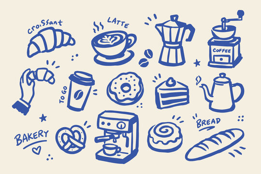 Coffee and Bakery Doodle Icon Set Sketch Vector