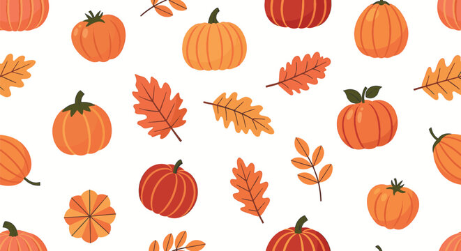 Seamless fall harvest pattern with hand-drawn vector illustrations of orange pumpkins, autumn leaves, corn cobs, wheat stalks, and acorns on a neutral background for fabric and wallpaper.