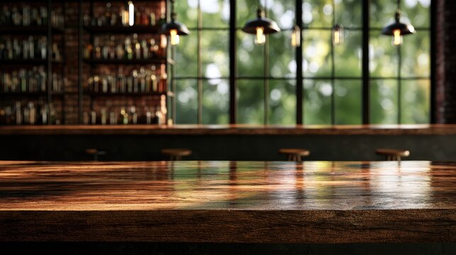 A warmly lit bar with bottles and stools visible through a large window