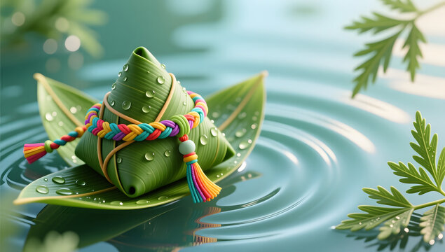 Dragon Boat Festival five-color silk thread and green zongzi leaves background