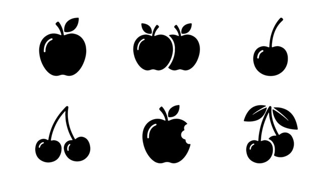 Fruit Icons: Apple, Cherry, Bite Mark, Vector Graphics Set