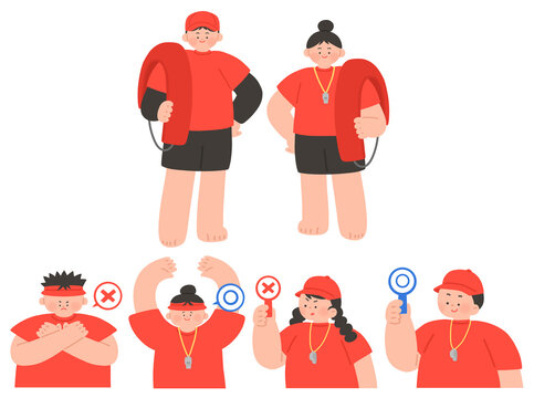 Water safety guards holding X and O signs for swimming safety rules and summer water activity guidance