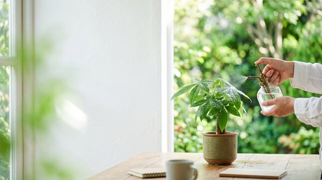 窓辺のデスクで観葉植物に霧吹きで水をやる手元の新緑イメージ窓辺のデスクで観葉植物に霧吹きで水をやる手元の新緑イメージ