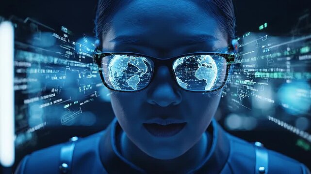Close up of woman wearing smart glasses with digital concept. Futuristic woman with digital world map reflection in glasses surrounded by glowing data streams in blue light
